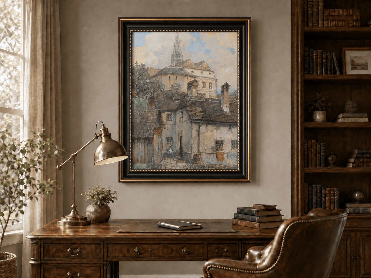Landscape Oil Painting - Old Town Houses Beneath Church Spire