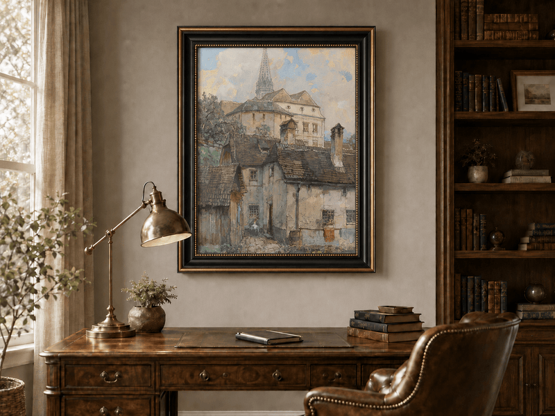 Landscape Oil Painting - Old Town Houses Beneath Church Spire