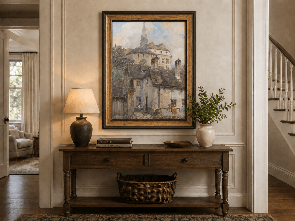 Landscape Oil Painting - Old Town Houses Beneath Church Spire