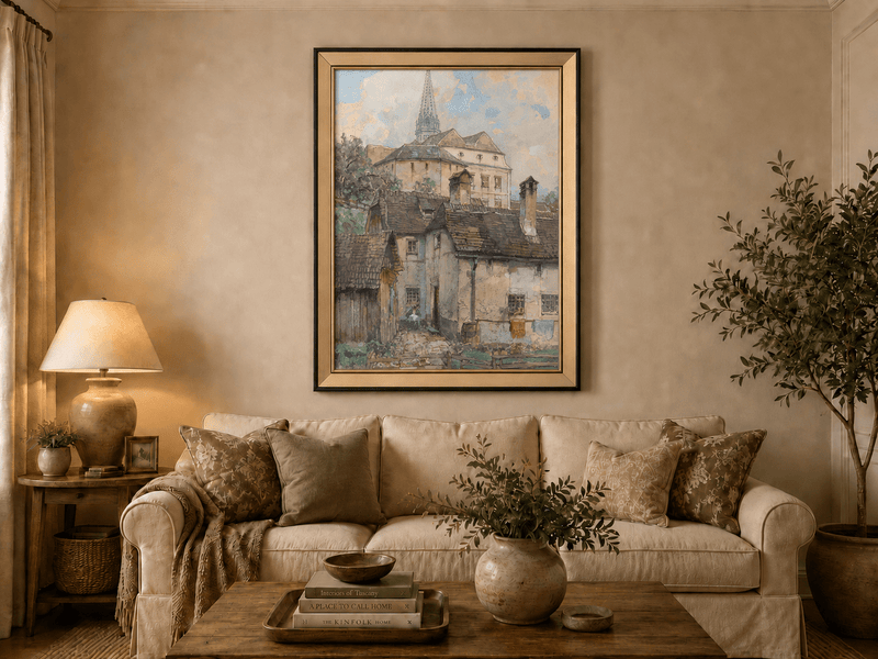 Landscape Oil Painting - Old Town Houses Beneath Church Spire