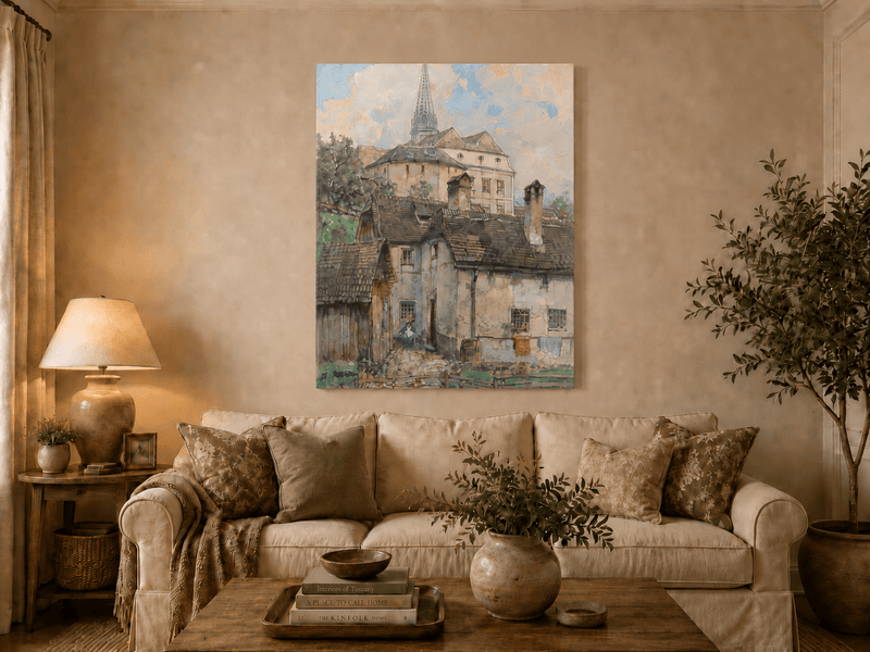 Landscape Oil Painting - Old Town Houses Beneath Church Spire