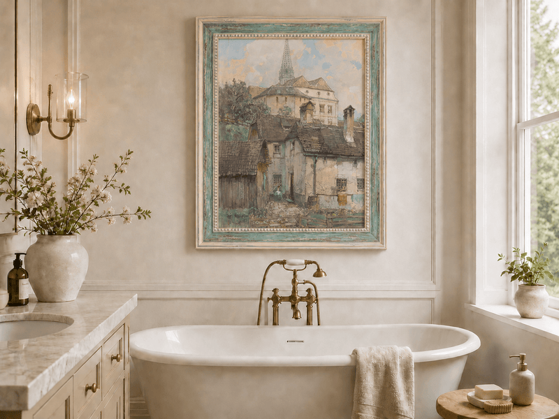 Landscape Oil Painting - Old Town Houses Beneath Church Spire