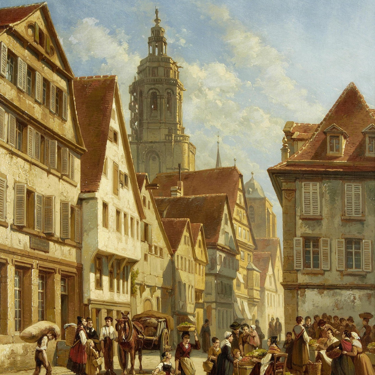 Hand-painted old town market square scene landscape oil painting on canvas