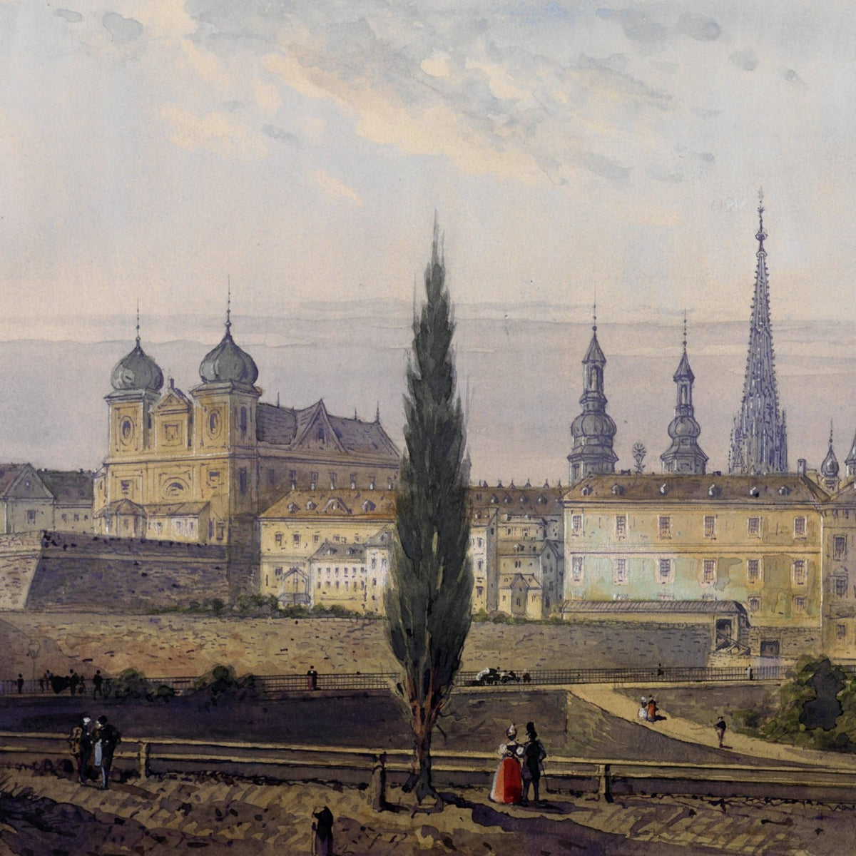 Hand-painted old town skyline with cathedral spires landscape oil painting on canvas
