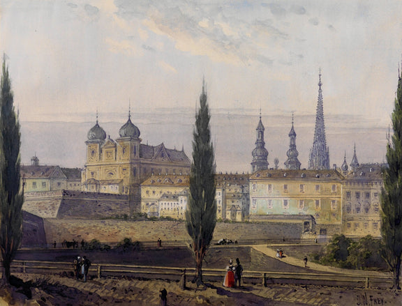 Hand-painted old town skyline with cathedral spires landscape oil painting on canvas