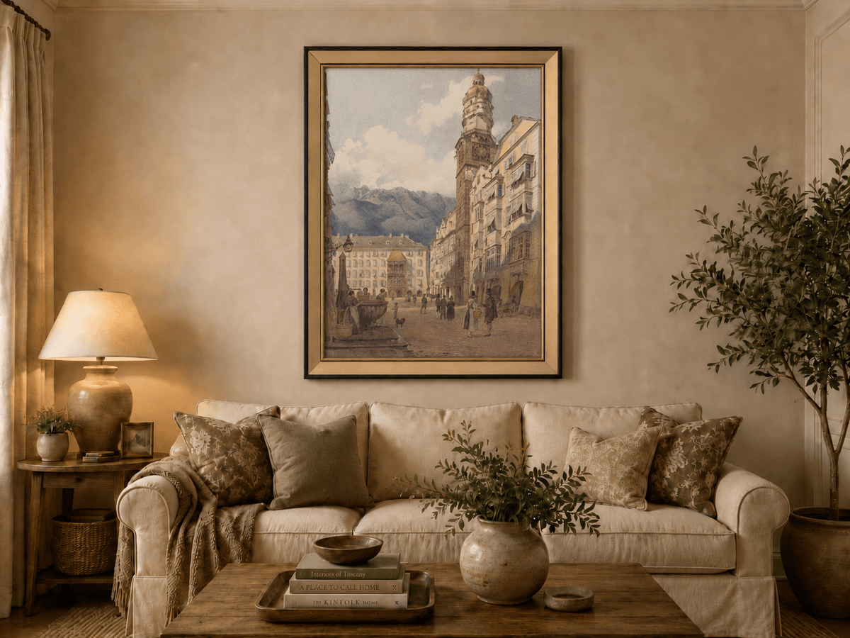 Landscape Oil Painting - Old Town Square Clock Tower & Alps