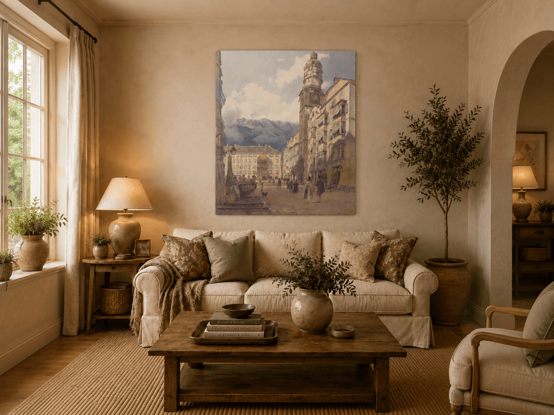 Landscape Oil Painting - Old Town Square Clock Tower & Alps