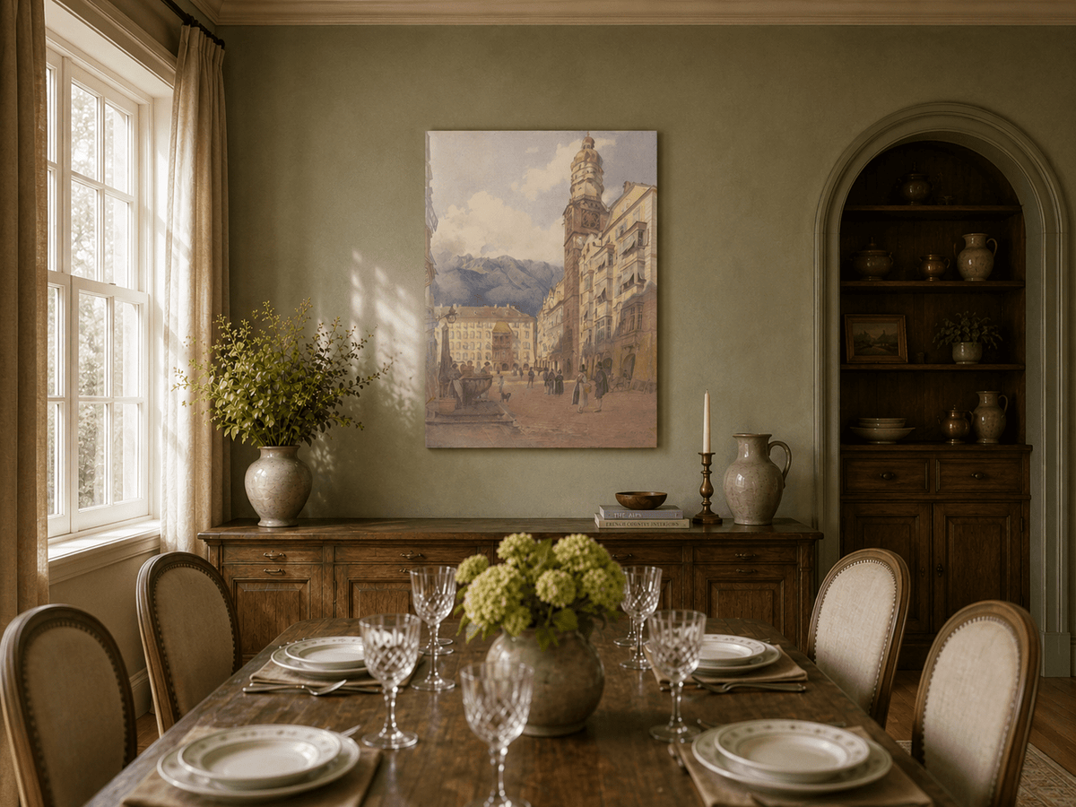 Landscape Oil Painting - Old Town Square Clock Tower & Alps