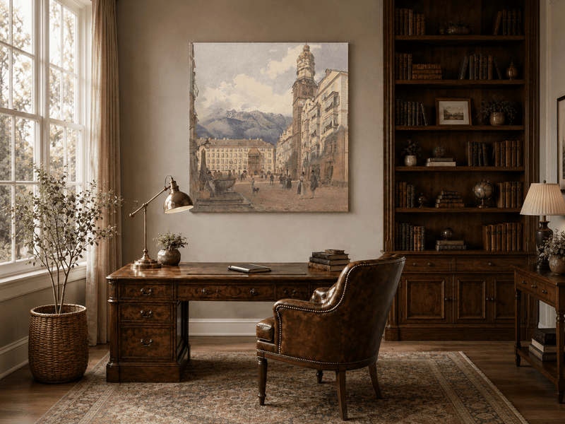 Landscape Oil Painting - Old Town Square Clock Tower & Alps