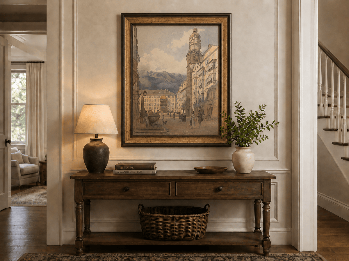 Landscape Oil Painting - Old Town Square Clock Tower & Alps