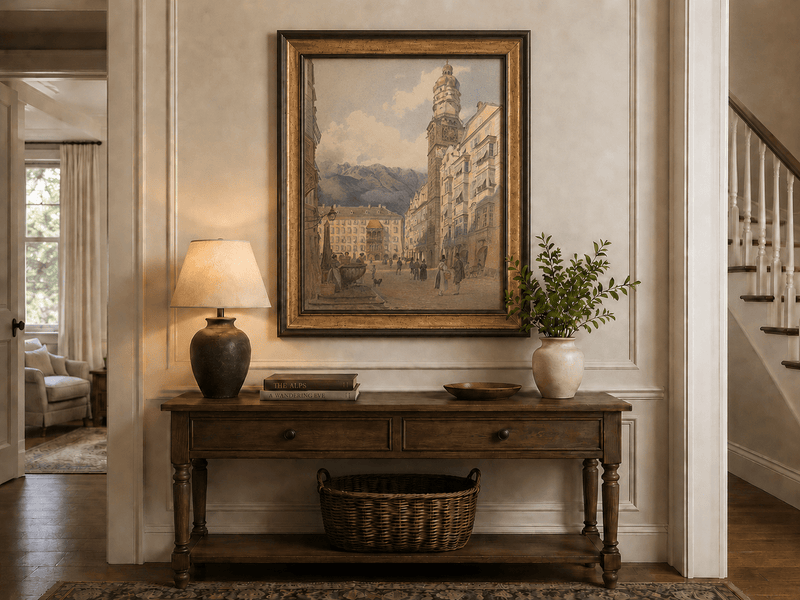 Landscape Oil Painting - Old Town Square Clock Tower & Alps
