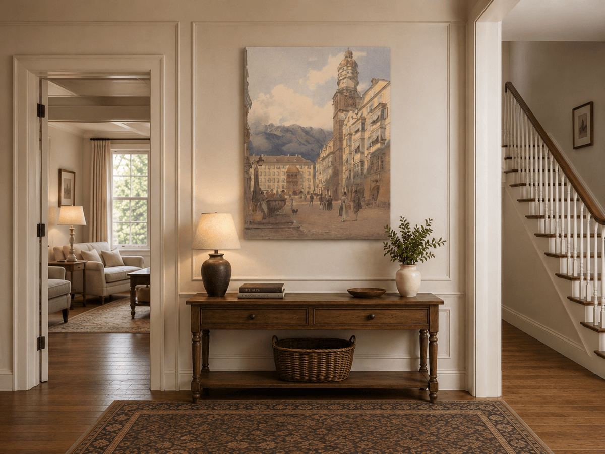 Landscape Oil Painting - Old Town Square Clock Tower & Alps