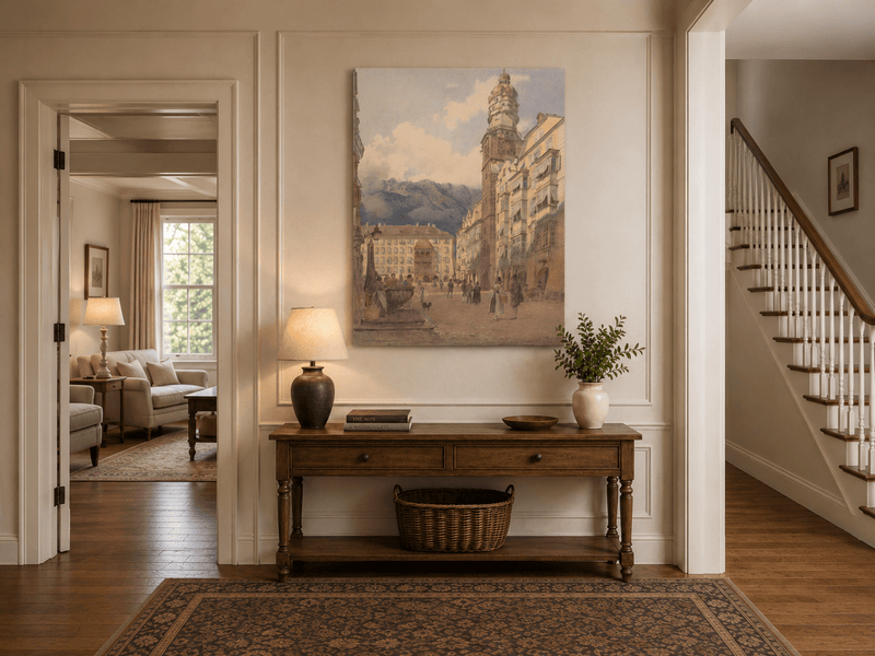 Landscape Oil Painting - Old Town Square Clock Tower & Alps
