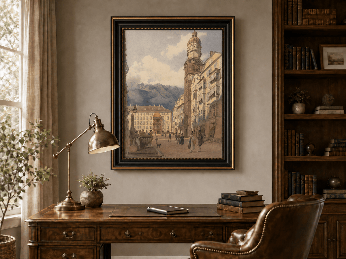 Landscape Oil Painting - Old Town Square Clock Tower & Alps