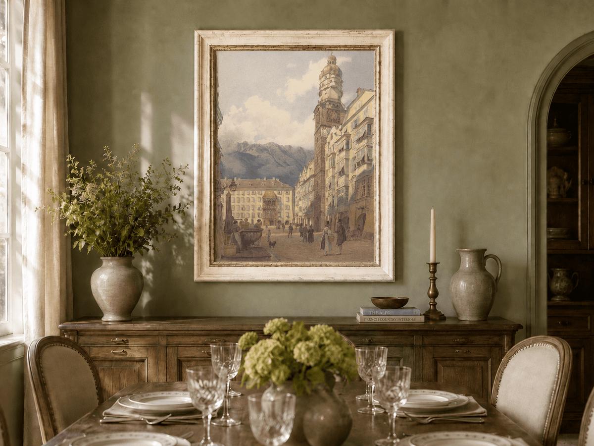 Landscape Oil Painting - Old Town Square Clock Tower & Alps