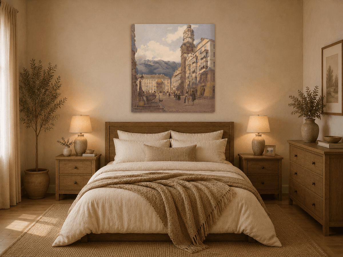 Landscape Oil Painting - Old Town Square Clock Tower & Alps