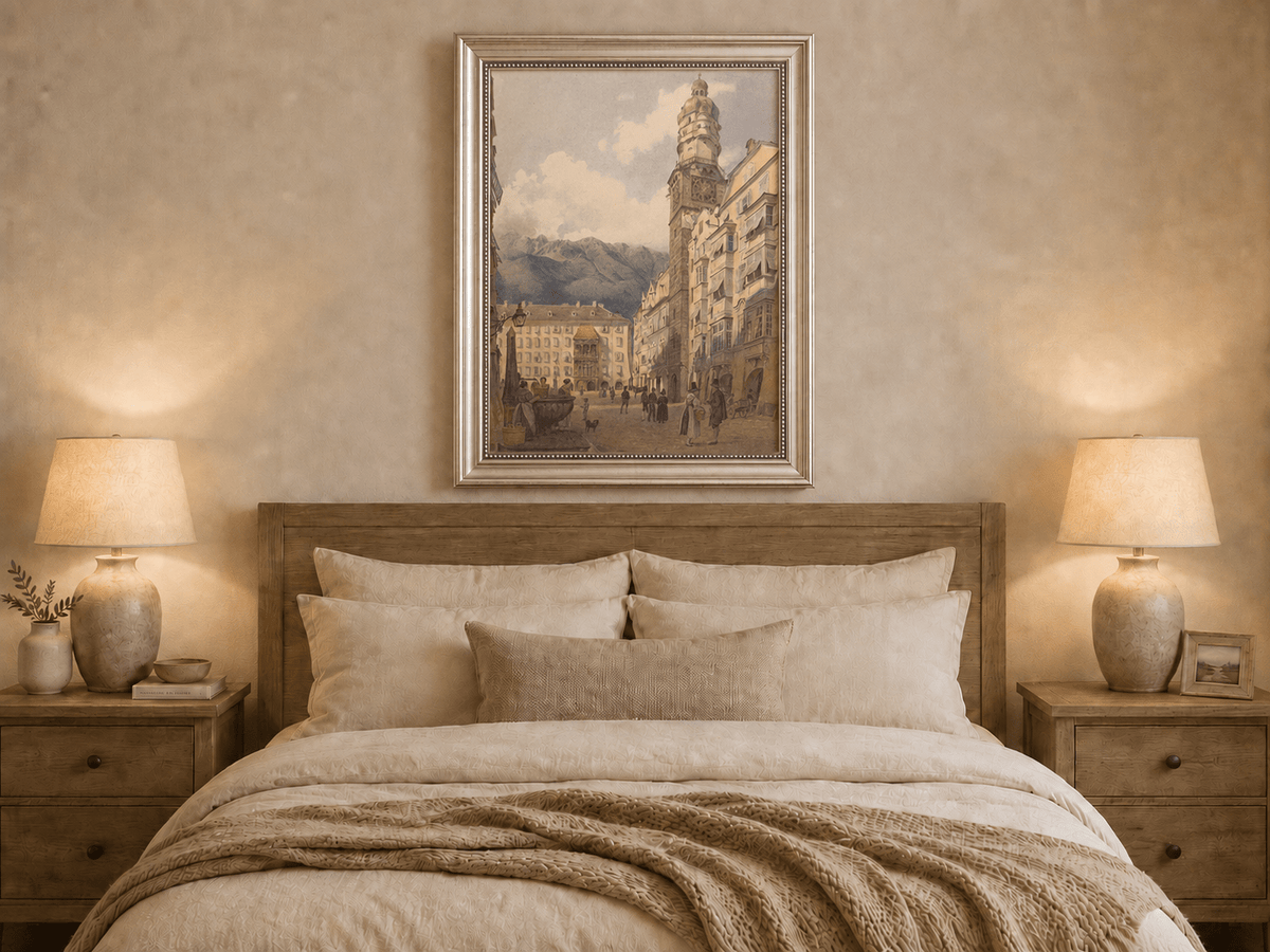 Landscape Oil Painting - Old Town Square Clock Tower & Alps