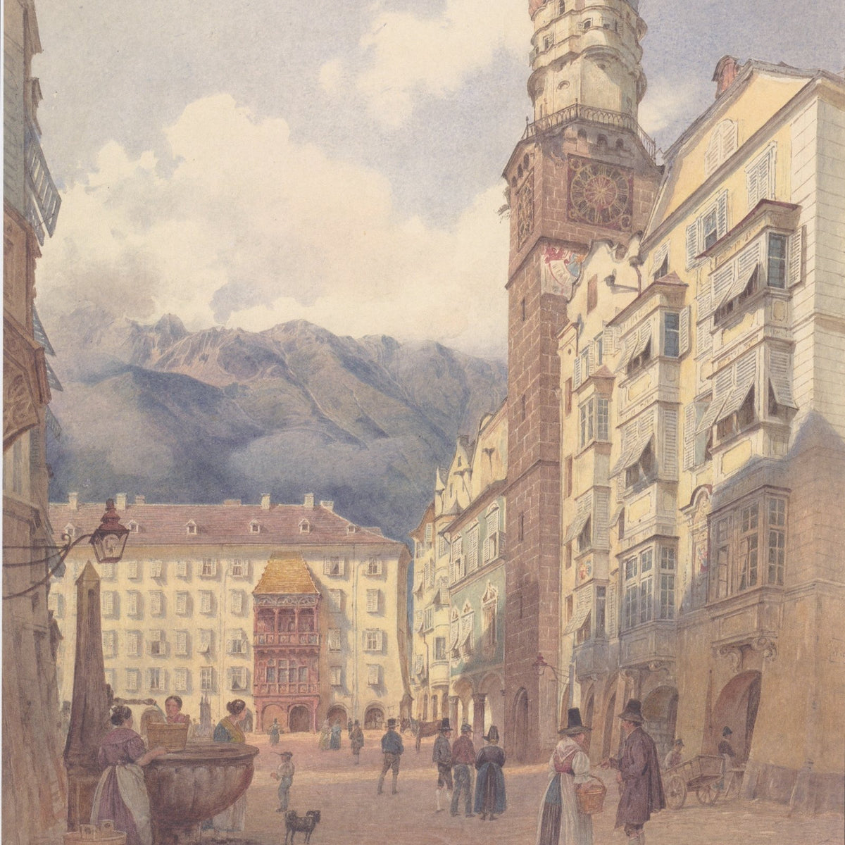 Hand-painted old town square with clock tower and alps landscape oil painting on canvas