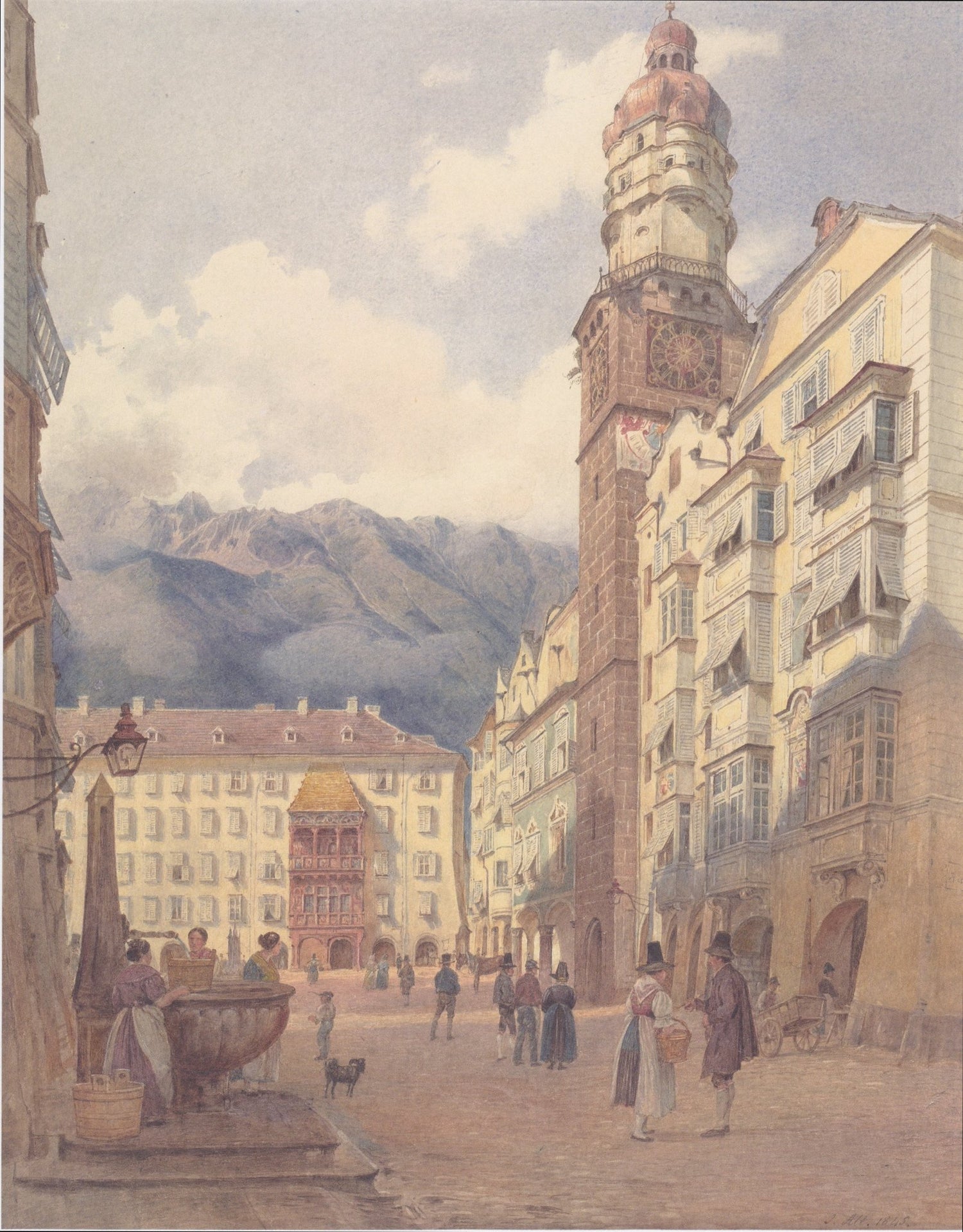 Hand-painted old town square with clock tower and alps landscape oil painting on canvas