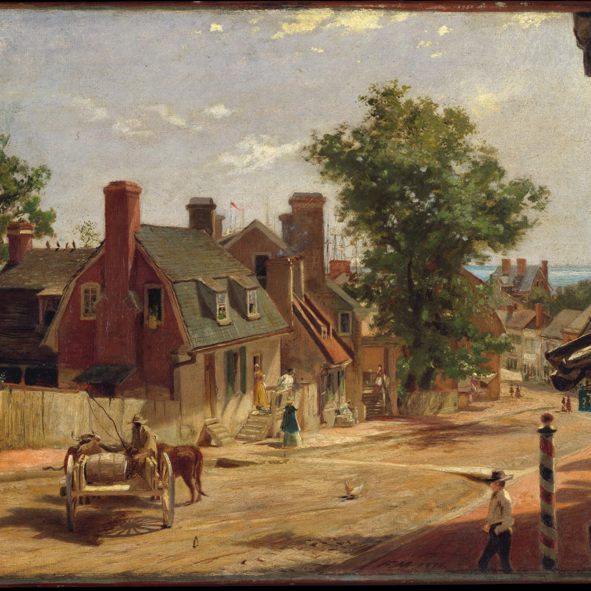 Hand-painted old town street with cart and sea view landscape oil painting on canvas