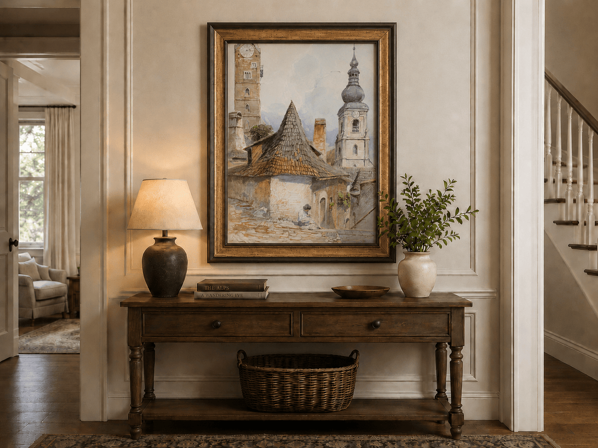 Landscape Oil Painting - Old Town Street with Church Towers