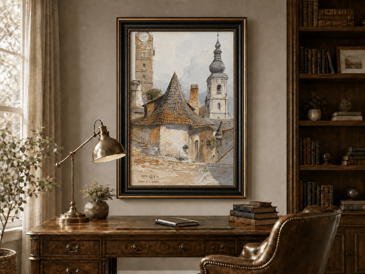 Landscape Oil Painting - Old Town Street with Church Towers