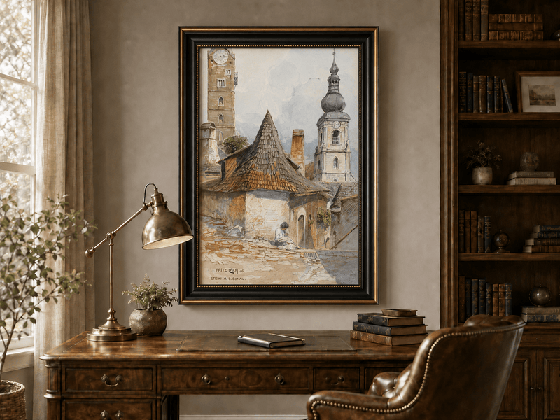 Landscape Oil Painting - Old Town Street with Church Towers