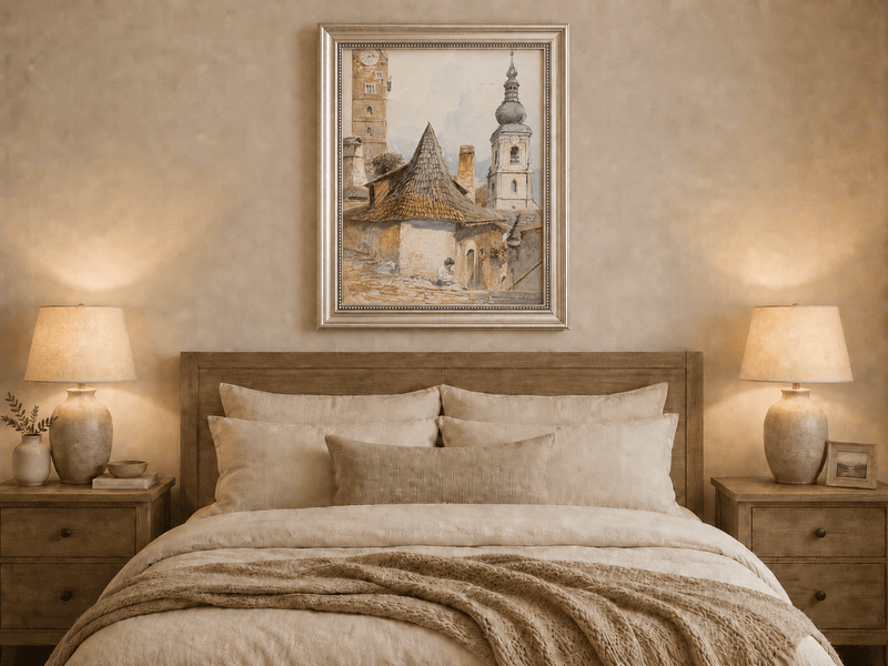 Landscape Oil Painting - Old Town Street with Church Towers