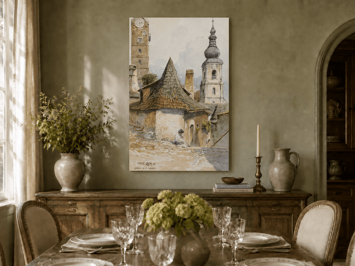 Landscape Oil Painting - Old Town Street with Church Towers