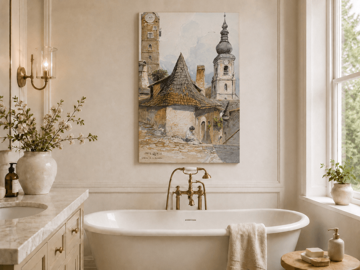 Landscape Oil Painting - Old Town Street with Church Towers