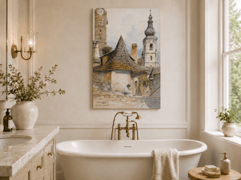 Landscape Oil Painting - Old Town Street with Church Towers