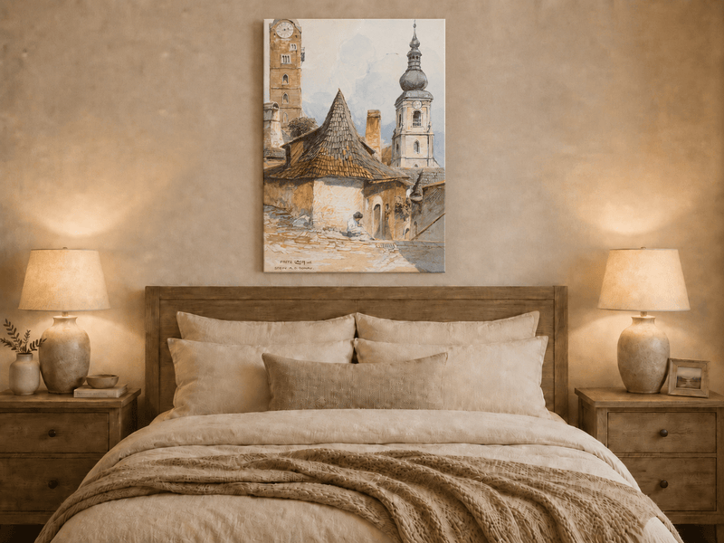 Landscape Oil Painting - Old Town Street with Church Towers