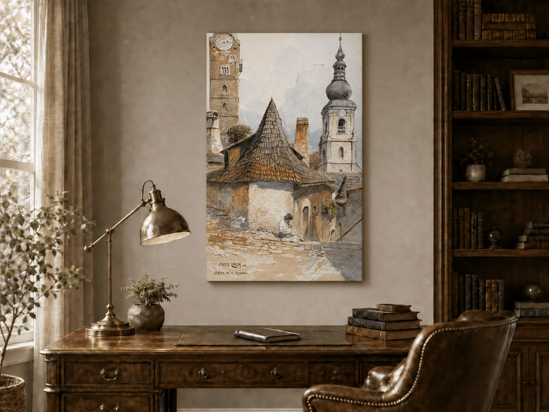 Landscape Oil Painting - Old Town Street with Church Towers