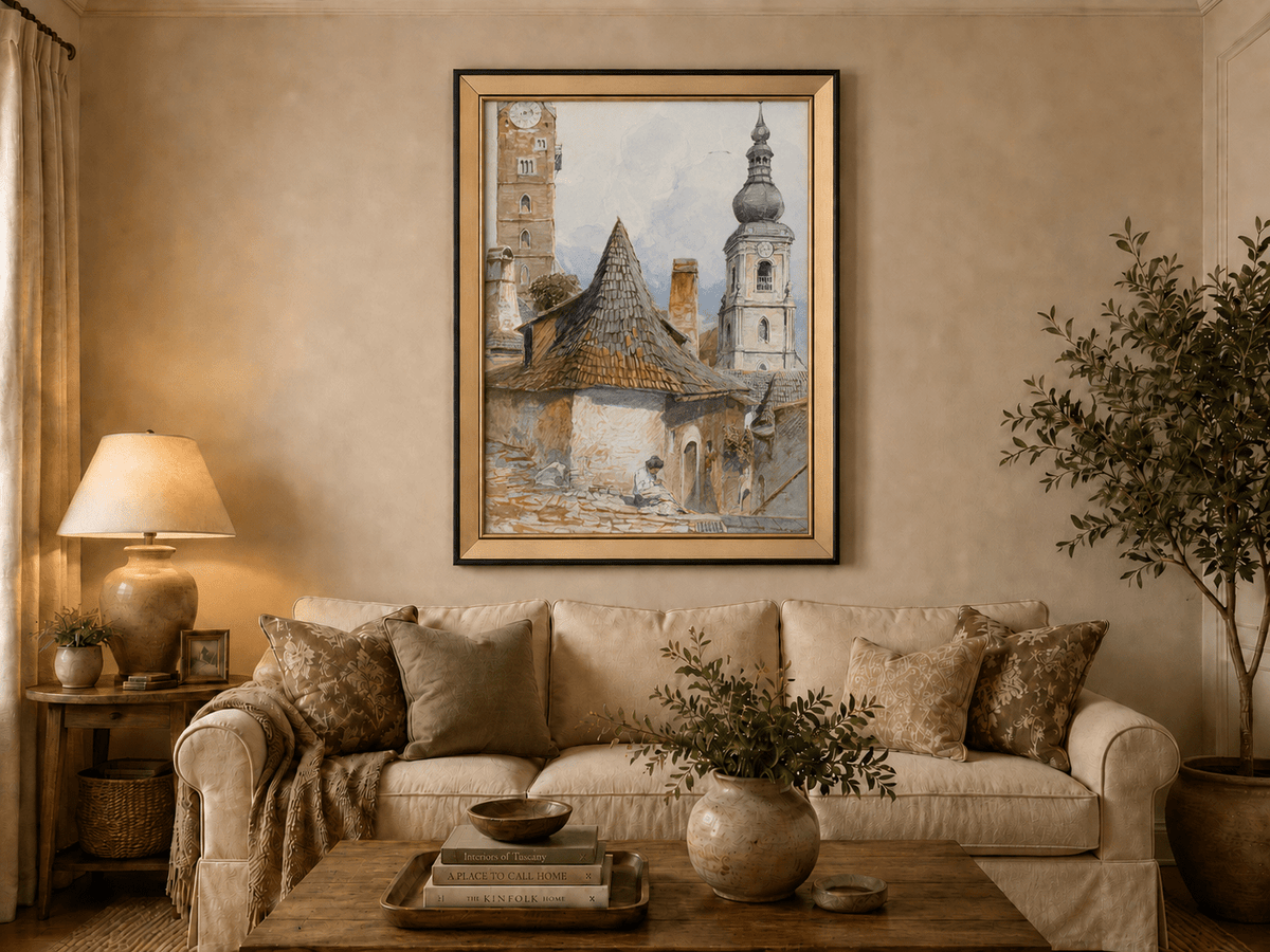 Landscape Oil Painting - Old Town Street with Church Towers