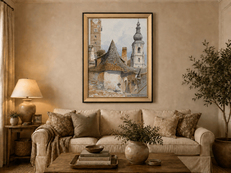 Landscape Oil Painting - Old Town Street with Church Towers