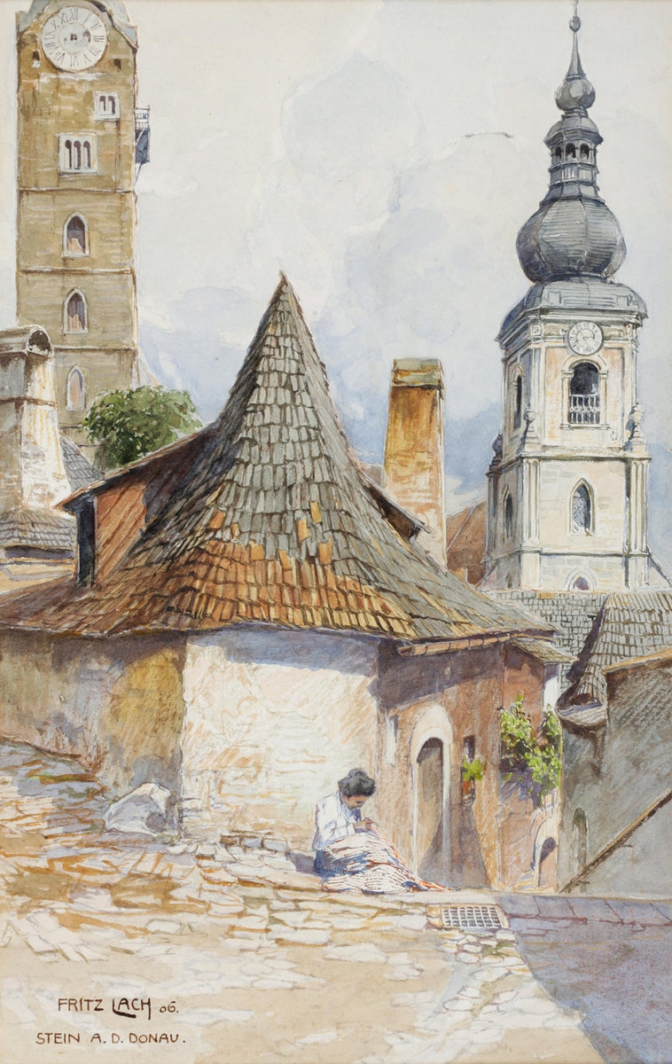 Hand-painted old town street with church towers landscape oil painting on canvas