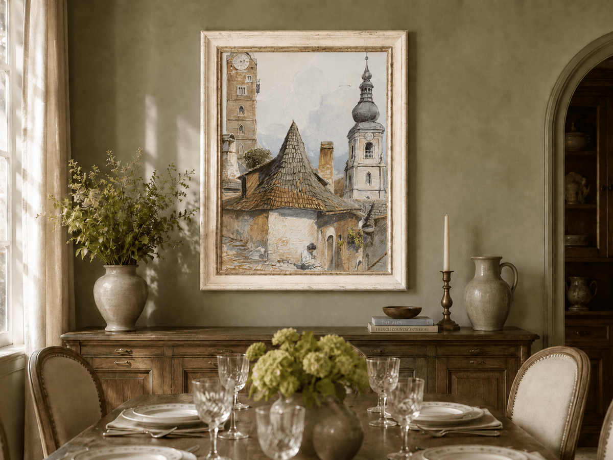 Landscape Oil Painting - Old Town Street with Church Towers