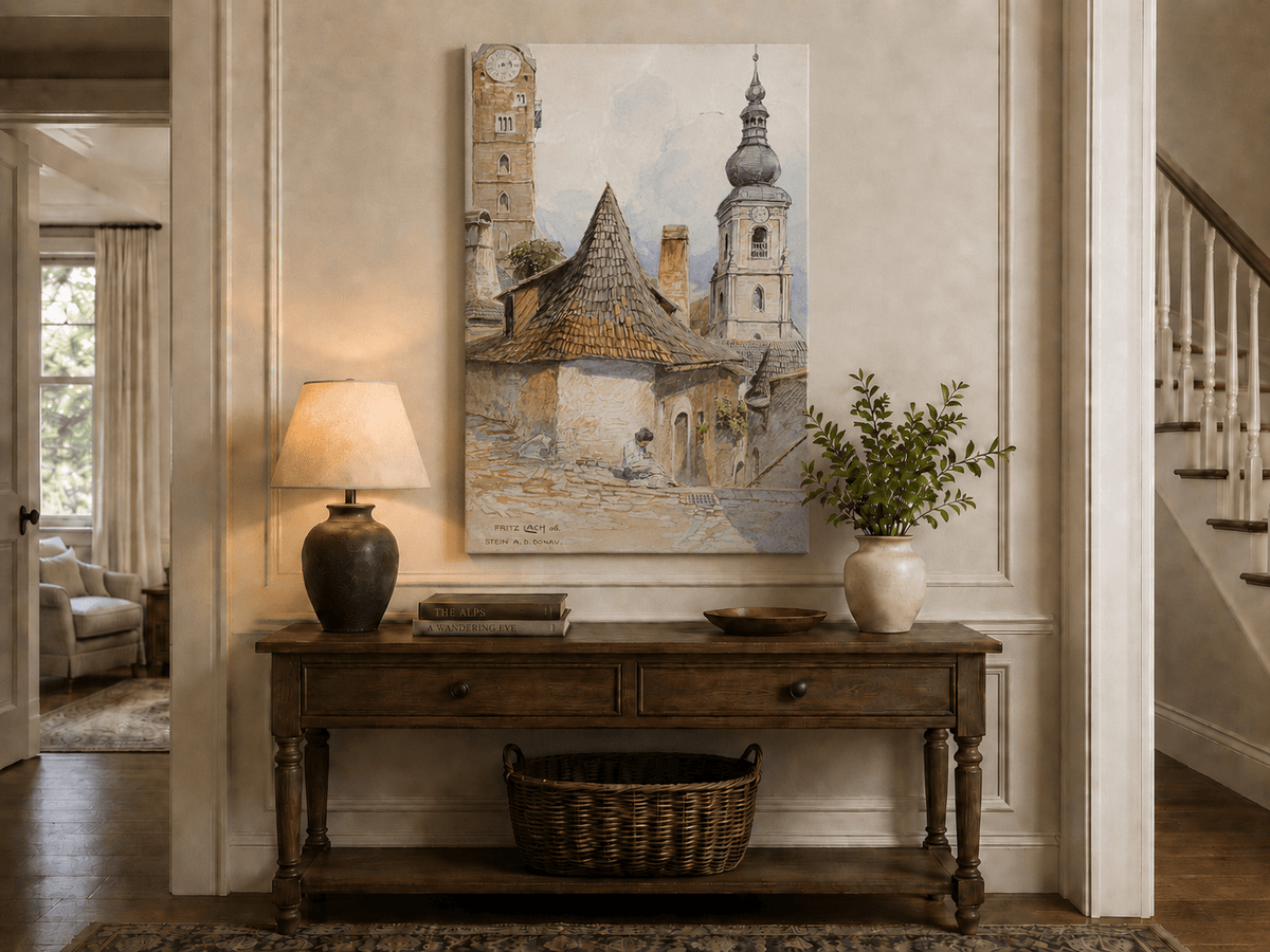 Landscape Oil Painting - Old Town Street with Church Towers