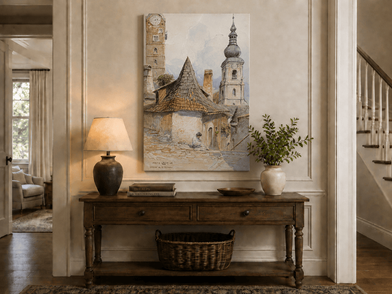 Landscape Oil Painting - Old Town Street with Church Towers