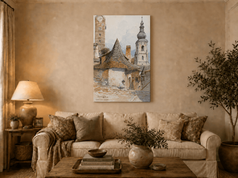 Landscape Oil Painting - Old Town Street with Church Towers