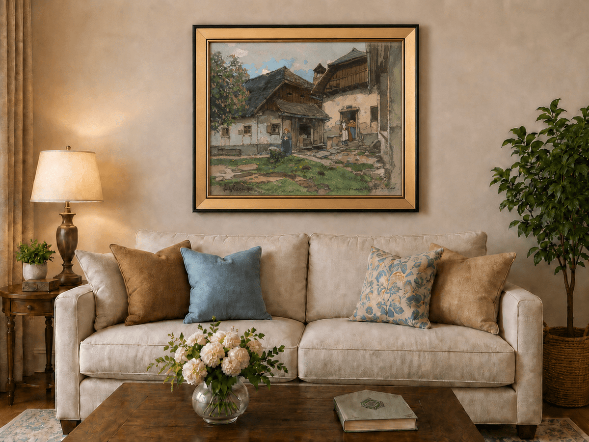 Landscape Oil Painting - Old Village House with Garden Courtyard