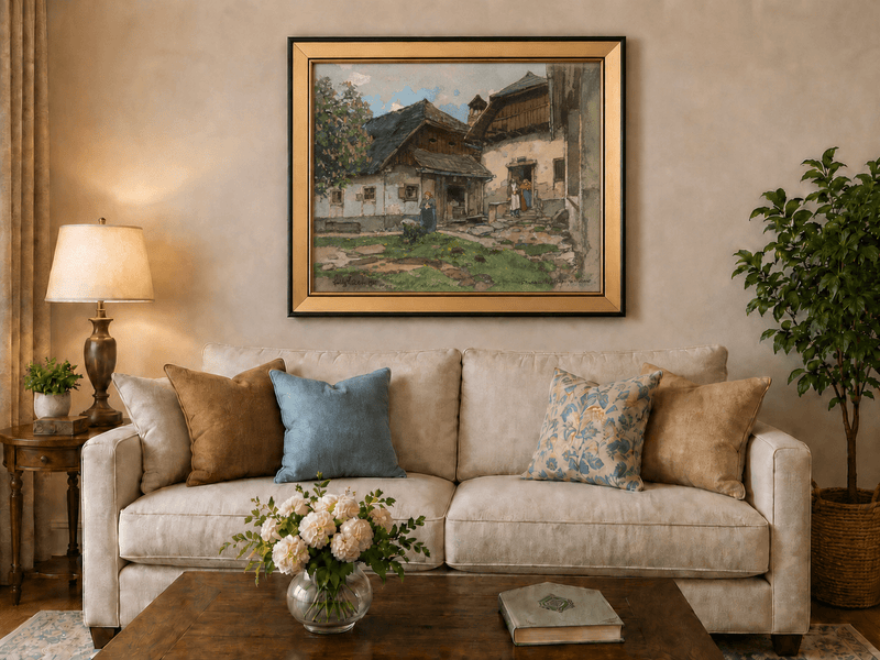 Landscape Oil Painting - Old Village House with Garden Courtyard
