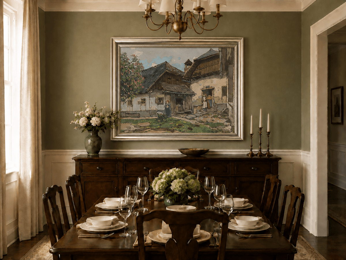 Landscape Oil Painting - Old Village House with Garden Courtyard