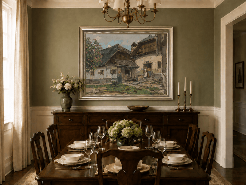 Landscape Oil Painting - Old Village House with Garden Courtyard