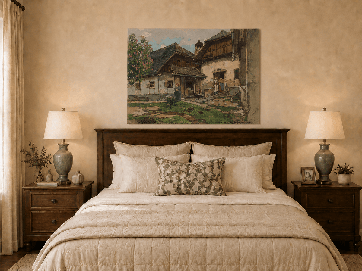 Landscape Oil Painting - Old Village House with Garden Courtyard