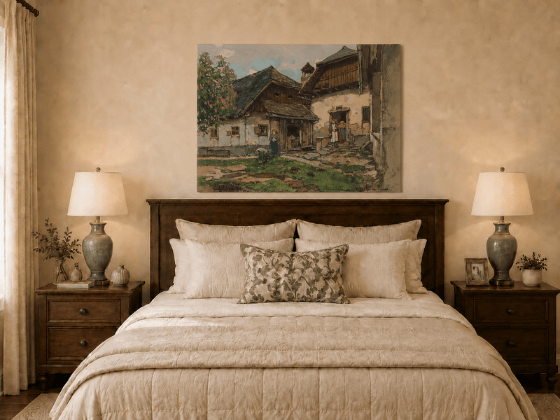 Landscape Oil Painting - Old Village House with Garden Courtyard