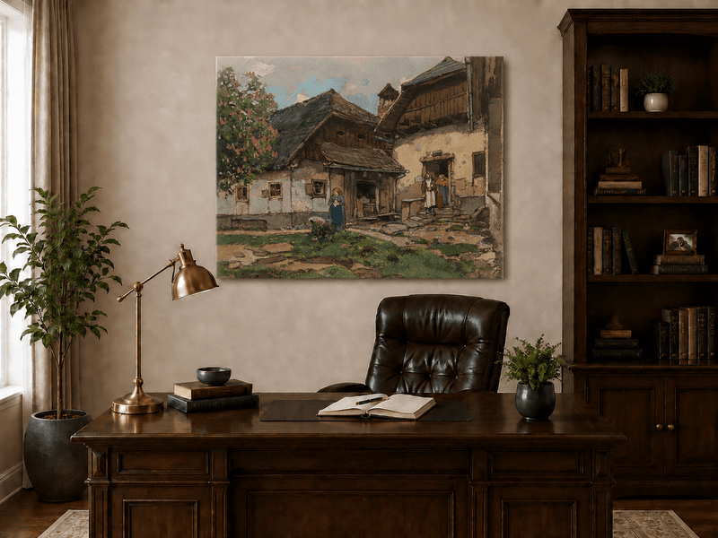 Landscape Oil Painting - Old Village House with Garden Courtyard