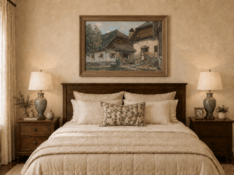 Landscape Oil Painting - Old Village House with Garden Courtyard