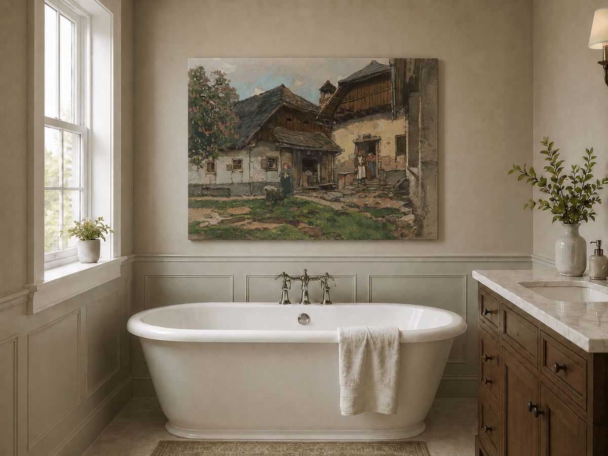 Landscape Oil Painting - Old Village House with Garden Courtyard