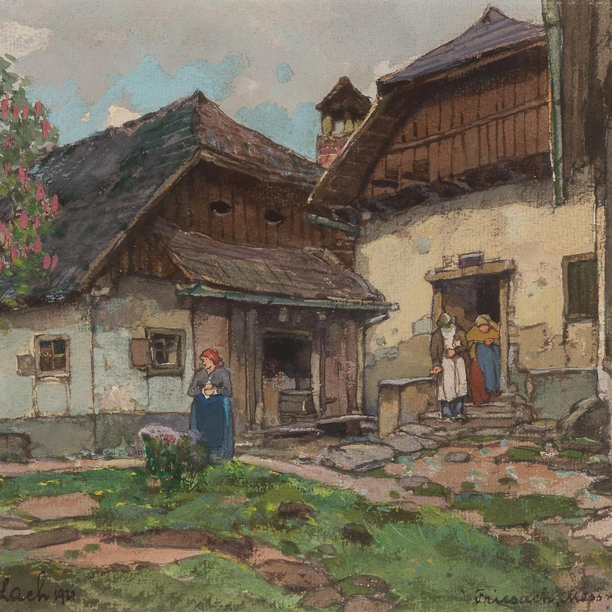 Landscape Oil Painting - Old Village House with Garden Courtyard - Oil Painting Haven